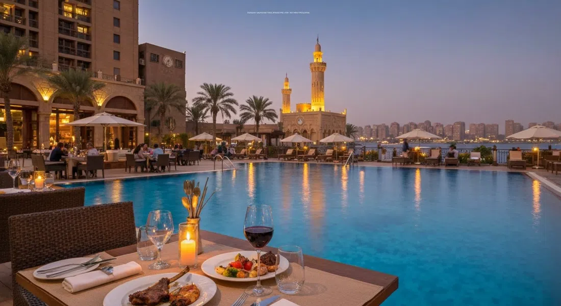 el ambiente junto a la piscina de Byblos en el Four Seasons Cairo at Nile Plaza, mezze iluminado con velas y cordero a la parrilla con el Nilo al fondo al atardecer
