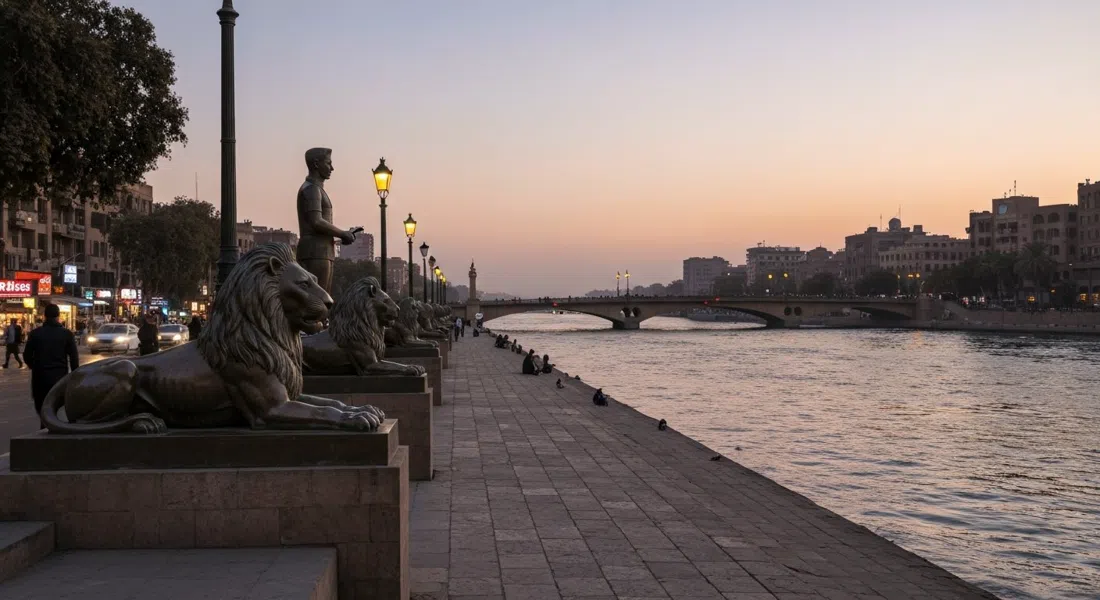 los leones del puente Qasr al-Nil al atardecer, estatuas de bronce silueteadas contra el río y el tráfico vespertino