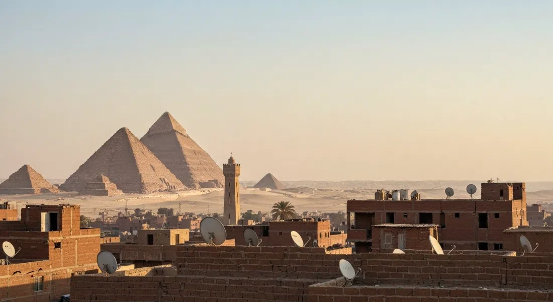 las Pirámides de Giza alzándose sobre Nazlet El Semman al amanecer, con azoteas, antenas parabólicas y un cielo desértico pálido en primer plano