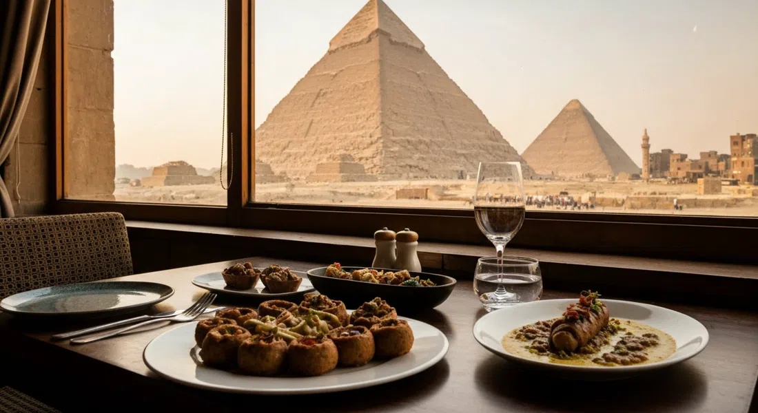 una mesa en Khufu’s con platos de degustación egipcios contemporáneos en primer plano y la Gran Pirámide llenando la ventana detrás, luz de atardecer cruzando el cristal