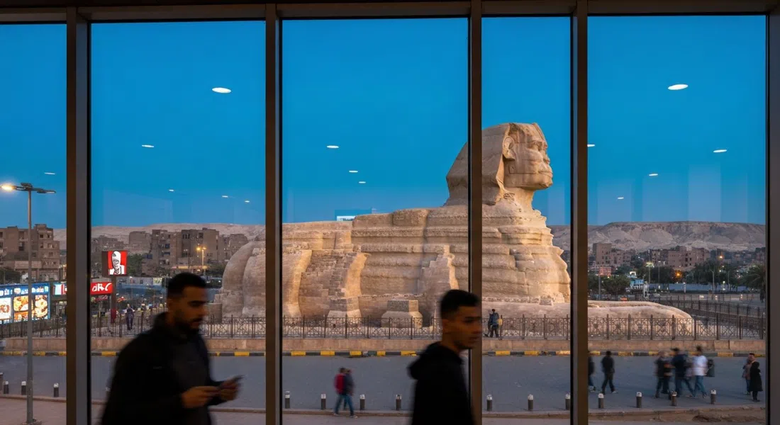 la ventana del piso superior en KFC / Pizza Hut en Abou El Houl Square, con la Esfinge y parte de la meseta enmarcadas más allá del cristal durante la hora azul