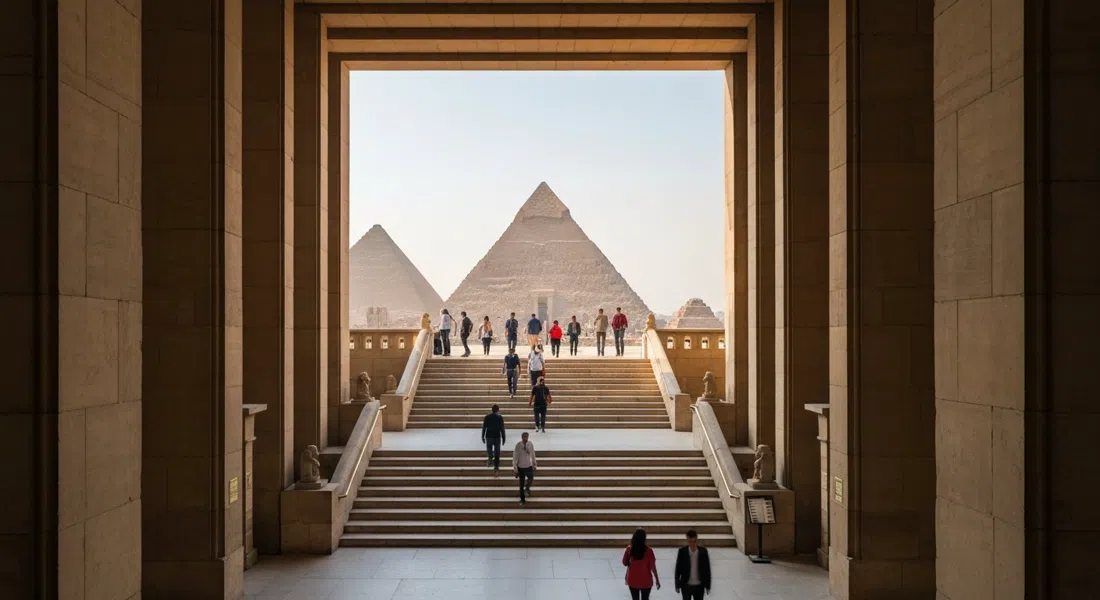 la escalinata del Gran Museo Egipcio elevándose a través del atrio, con las pirámides visibles a través de la ventana enmarcada y visitantes ascendiendo con luz matinal