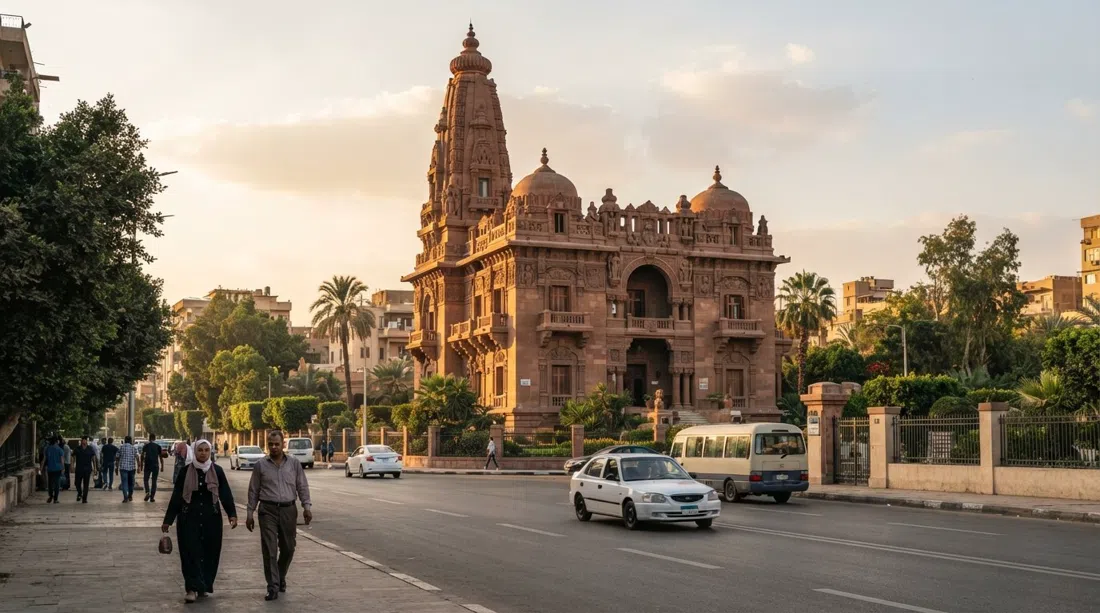 Palacio Baron Empain en la calle El-Orouba al atardecer, torres de terracota y detalles tallados hindú-jemeres elevándose sobre la fachada de tono desértico