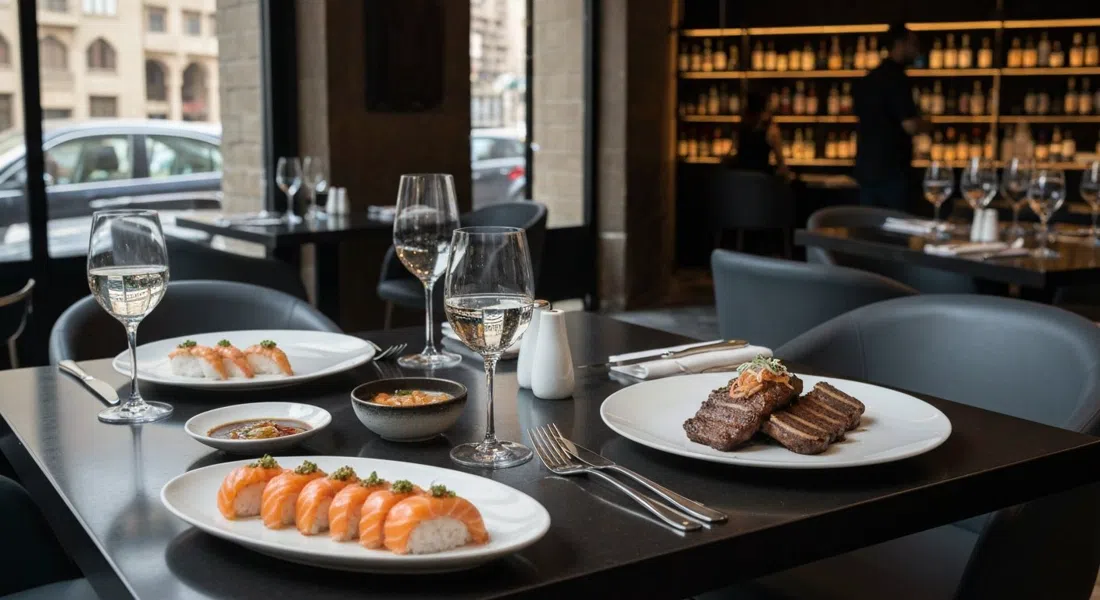 una mesa de cena elegante en SACHI Heliopolis con tataki de salmón, nigiri y costillas en un restaurante-bar elegante