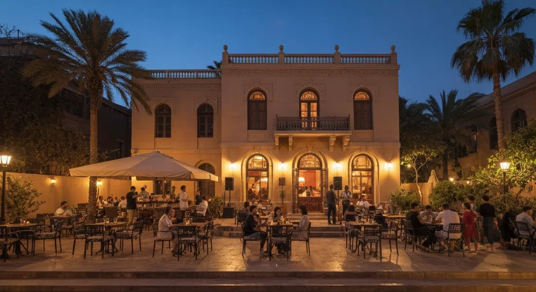 la terraza del 1920s Boutique Hotel de noche, luces cálidas bajo una fachada de villa restaurada con música en vivo y clientes al aire libre