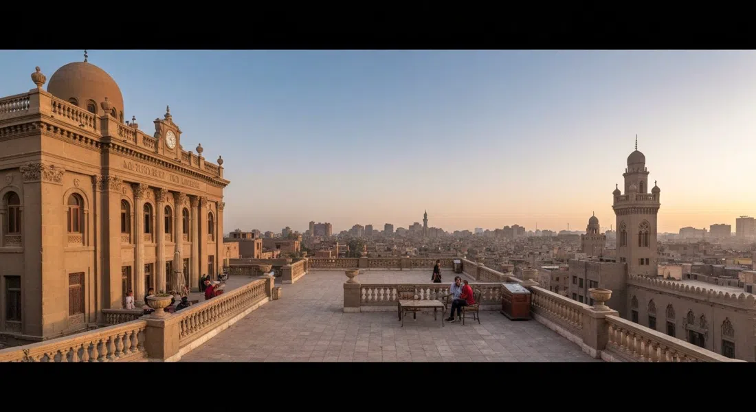 el panorama de la azotea del Palacio Baron Empain al atardecer, El Cairo extendiéndose más allá de la mansión restaurada y su terraza ornamentada