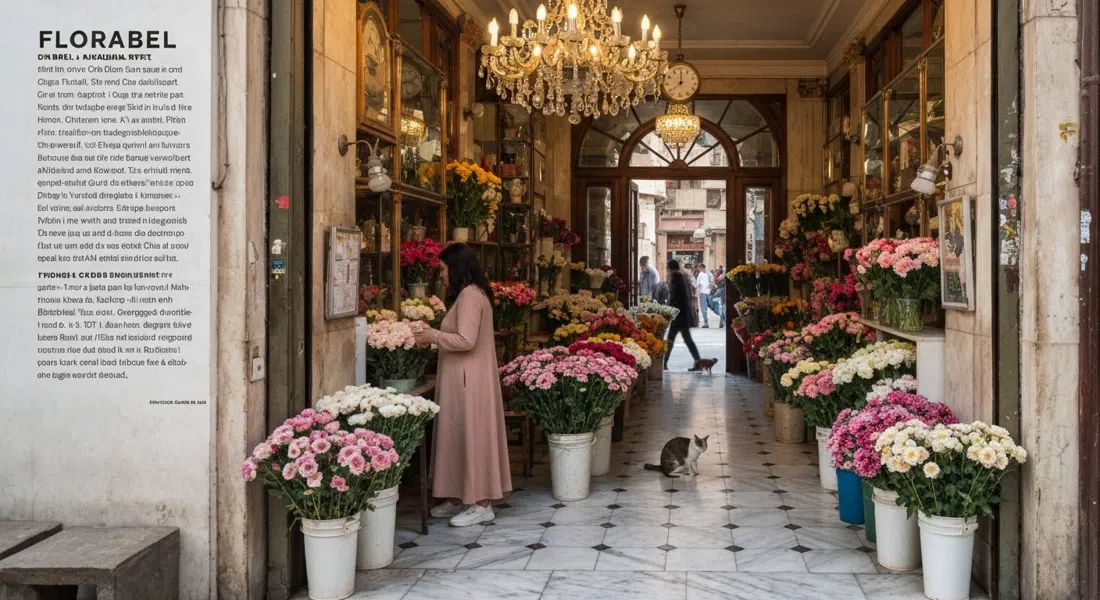 Florabel en la calle Baghdad con su lámpara de araña, suelo de mármol, cubos de flores y el gato residente en un interior de floristería retro