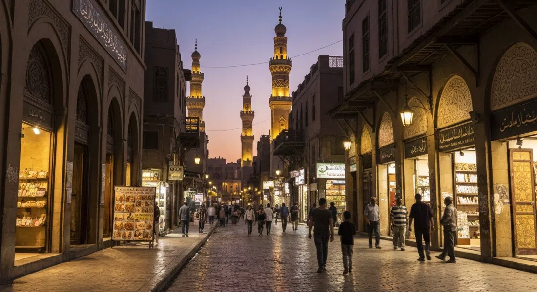 Calle Al-Muizz en el Cairo Islámico al atardecer, fachadas mamelucas iluminadas, peatones y minaretes brillando sobre la calle