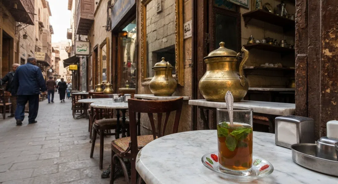 Café El Fishawy en el callejón de Khan el-Khalili, espejos empañados, ollas de latón, mesas de mármol y un vaso de té de menta calentado con arena