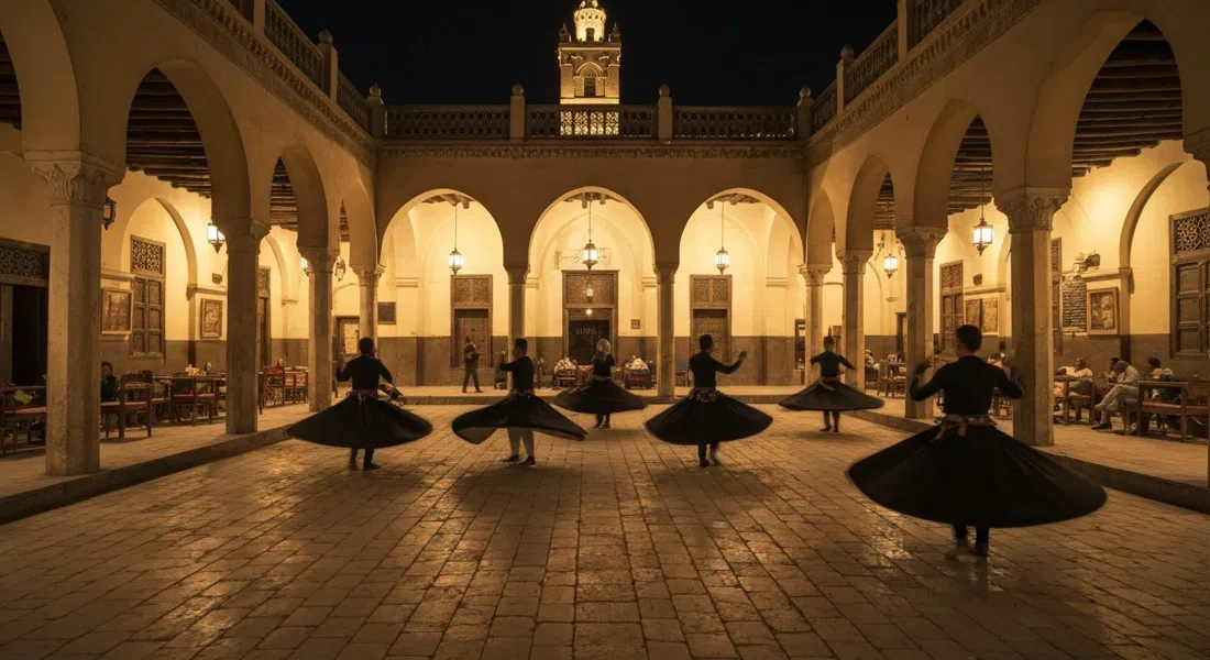 Patio de Wekalet El Ghouri de noche, bailarinas Tanoura con faldas giratorias bajo luces cálidas en un caravasar mameluco restaurado