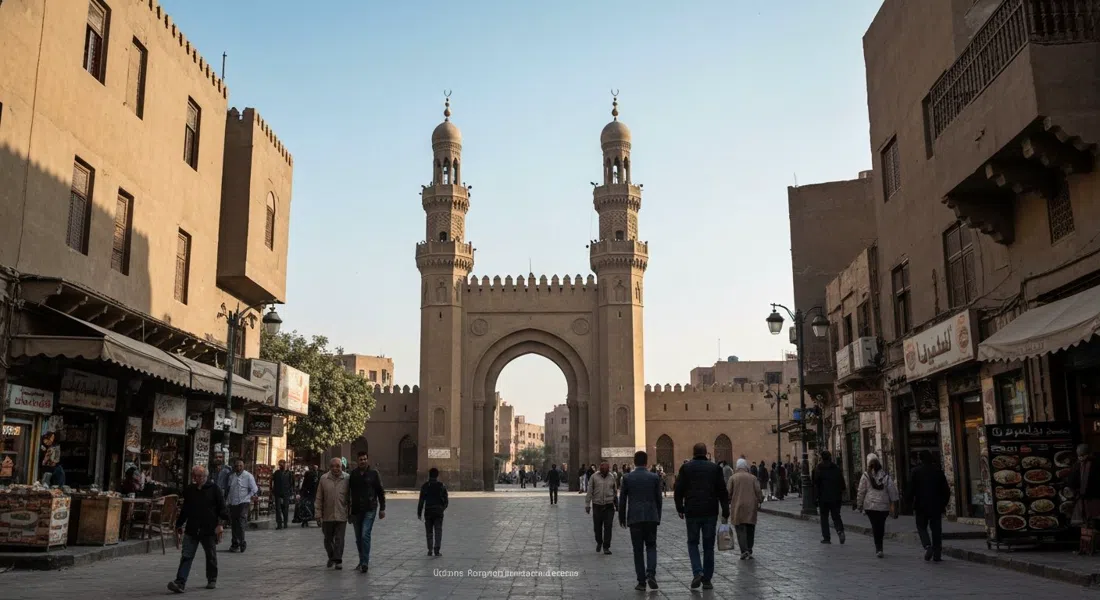 Minaretes gemelos de Bab Zuweila vistos desde abajo en una tarde despejada, la puerta fatimí sur elevándose sobre la calle