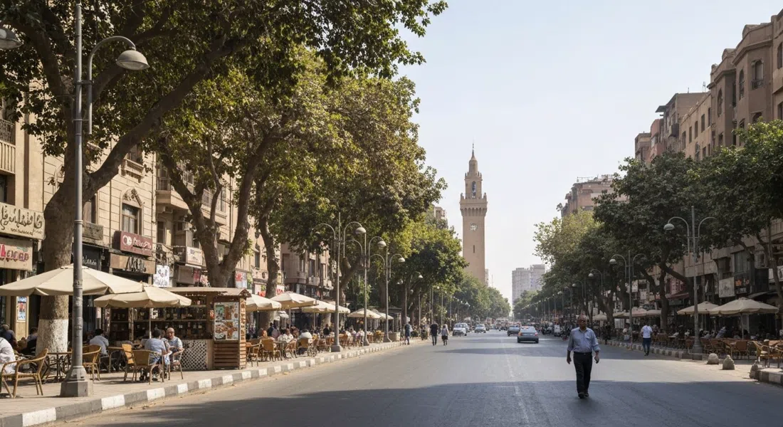 Calle 9 en Maadi bordeada de árboles, terrazas de cafés y peatones que se mueven lentamente en la luz de media mañana, El Cairo