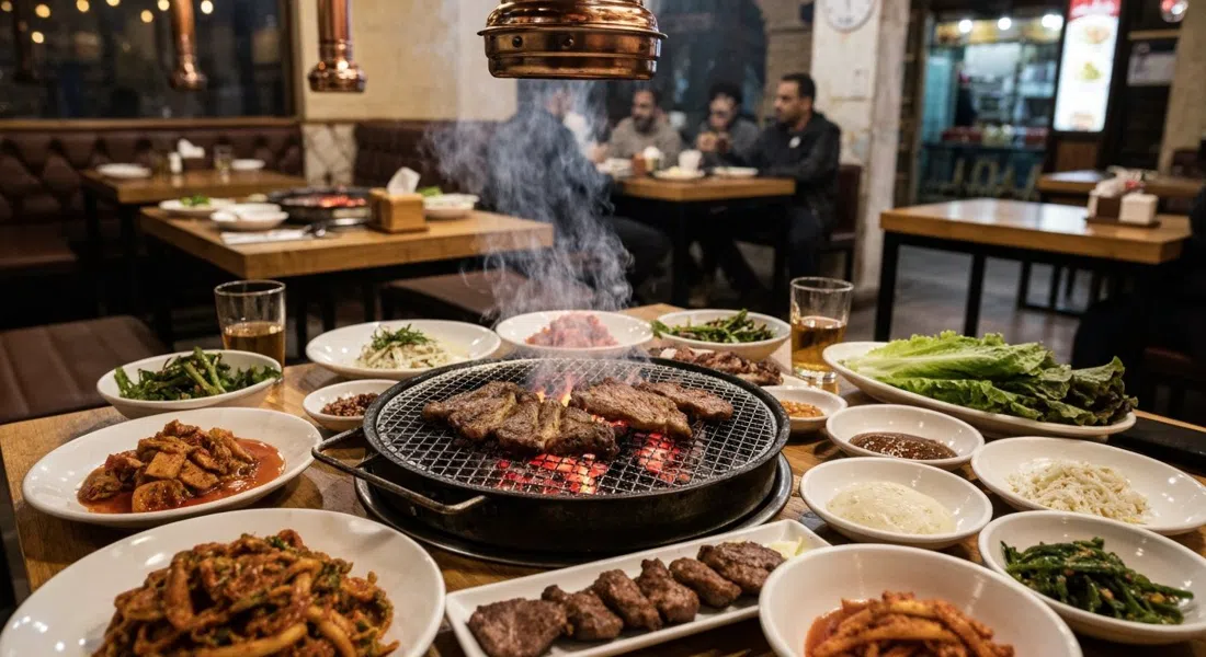 Una barbacoa de mesa en Gaya en la calle 218 en Degla, con carne a la parrilla, banchan y humo de carbón en un acogedor interior de restaurante