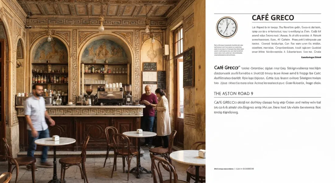 Café Greco en 64 calle 9, con sus paredes de frescos griegos, mostrador de café y asientos íntimos de estilo antiguo en la cálida luz de la tarde