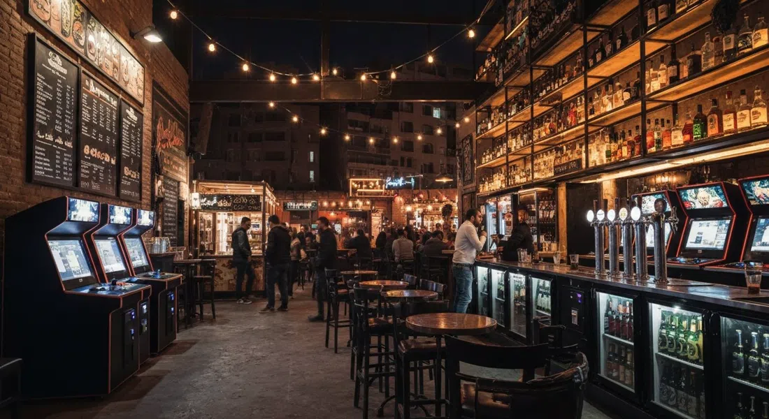 The Tap Maadi de noche, con grifos de cerveza artesanal, máquinas de arcade y una animada clientela de bar bajo una iluminación interior cálida