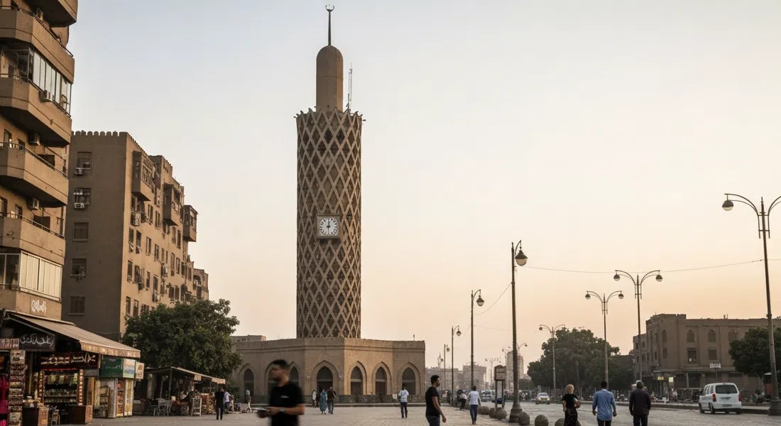 Torre de El Cairo elevándose sobre la isla de Gezira al atardecer, su fuste de hormigón con celosía de loto contra un cielo pálido de El Cairo