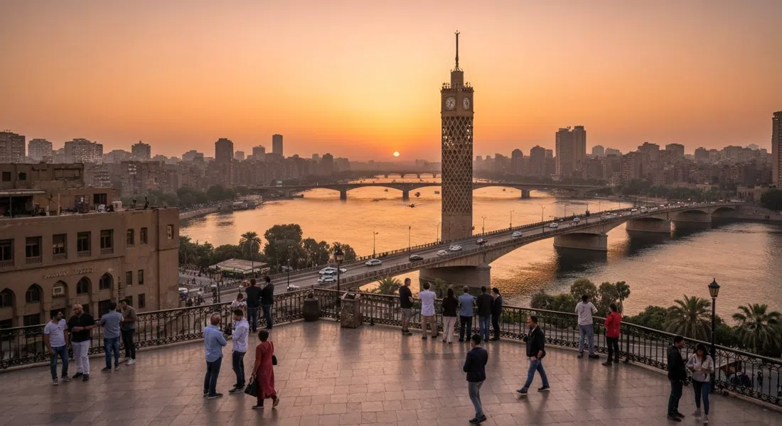 Vista desde la plataforma de observación de la Torre de El Cairo sobre el Nilo y el horizonte de El Cairo al atardecer, con el río volviéndose cobrizo y los puentes extendiéndose a través del encuadre