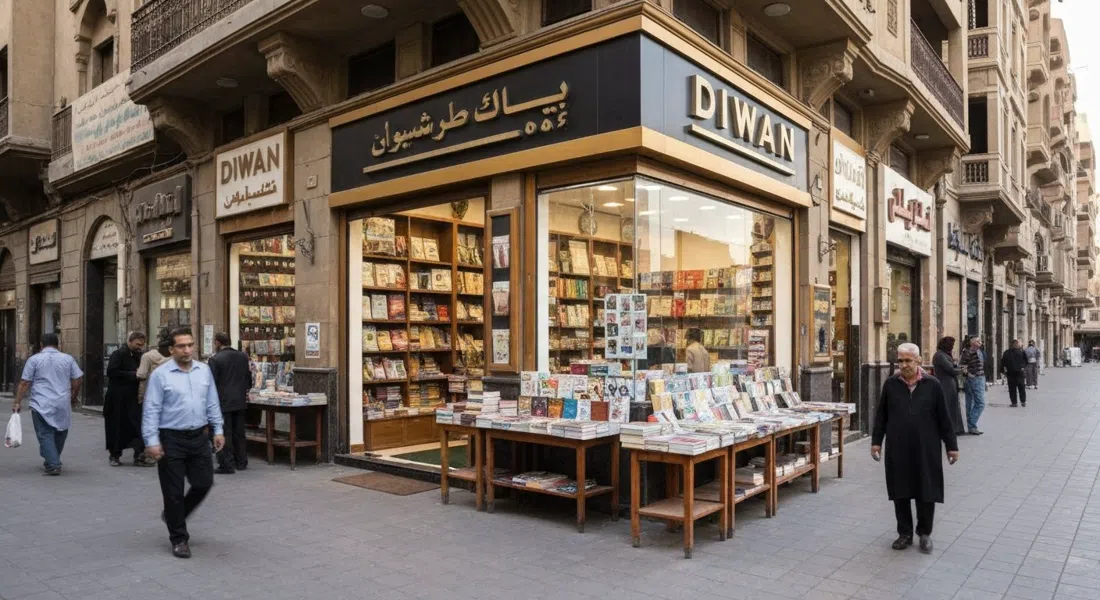 Librería Diwan en la calle 26 de Julio, su escaparate brillante y mesas de lectura visibles desde la acera con luz diurna