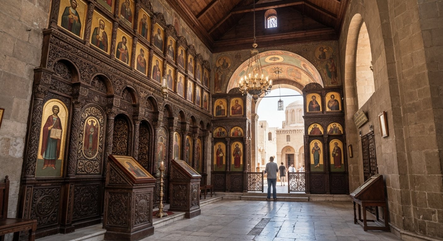 the Hanging Church interior in Coptic Cairo, showing the ebony-and-ivory sanctuary screen, icon-lined walls and the ark-shaped wooden ceiling in cool daylight