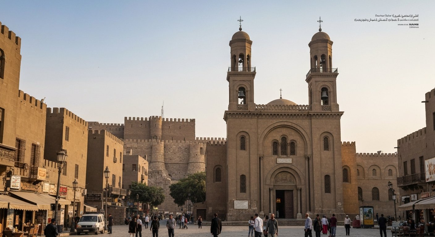 the Hanging Church facade and twin bell towers in Coptic Cairo, seen from below with the fortress stone rising behind it in early morning light