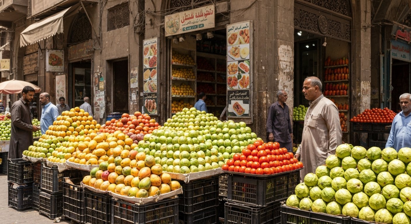 Soliman Gohar Street's open-air fruit market in Dokki, crates of mangoes, guavas and tomatoes under bright daytime sun